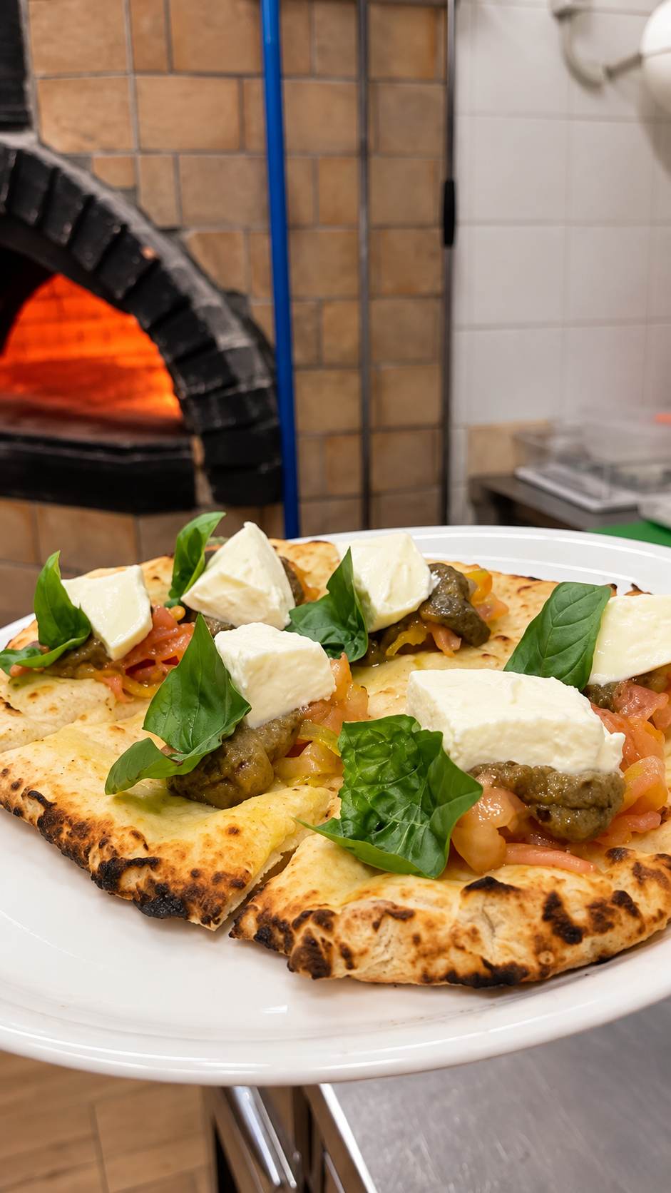 Una pizza Regina Margherita appena preparata davanti al forno a legna